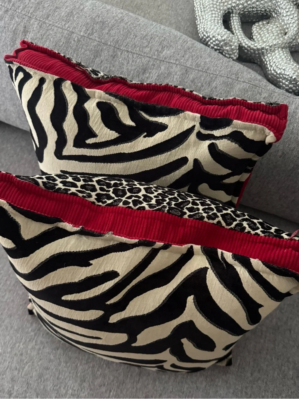 2 Waverly Zebra Leopard 18” Feather Throw Pillows Removable Zip Covers